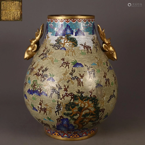 CHINESE CLOISONNE HUNDERD DEER HANDLED ZUN