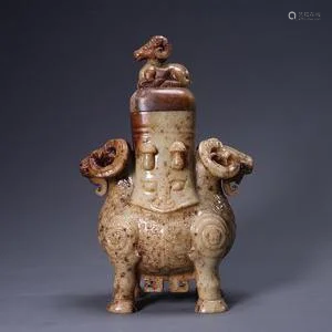 CHINESE ANCIENT JADE RAM LIDDED VASE