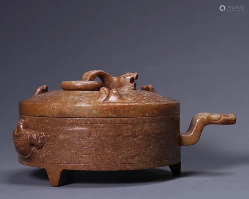 CHINESE ANCIENT JADE LIDDED ROUND CENSER