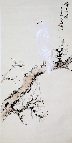 CHINESE SCROLL PAINTING OF EAGLE ON TREE SIGNED BY HUO CHUNY...