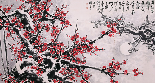 LARGE CHINESE SCROLL PAINTING OF PLUM BLOSSOMMINGS SIGNED BY...