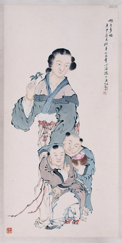 CHINESE SCROLL PAINTING OF BEAUTY AND BOYS SIGNED BY SHEN XI...