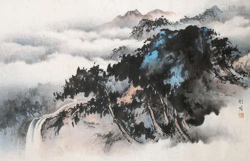 顧    媚 雲山流水 設色紙本-鏡架