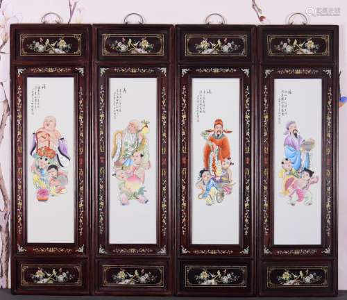 红木彩绘花纹框镶粉彩手绘人物瓷板画《福禄寿喜》挂屏一组