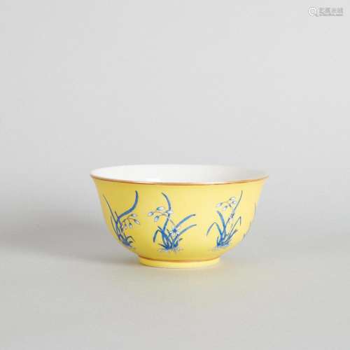 A Chinese Yellow-Ground Blue-Enamelled 'Floral' Bowl...