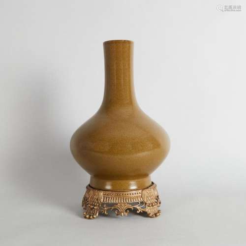 A Large Chinese Teadust-glazed Vase with Bronze Stand (Da Qi...
