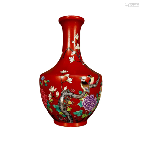 A Famille-Rose Red-Ground 'Flower& Bird' Vase