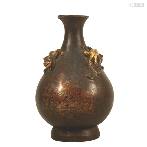 A Gilt-Bronze Silver-Filigreed Dragon-Handled Vase