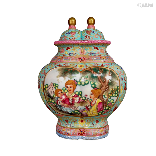 A Famille-Rose Green-Ground 'Figure' Double-Jar An...