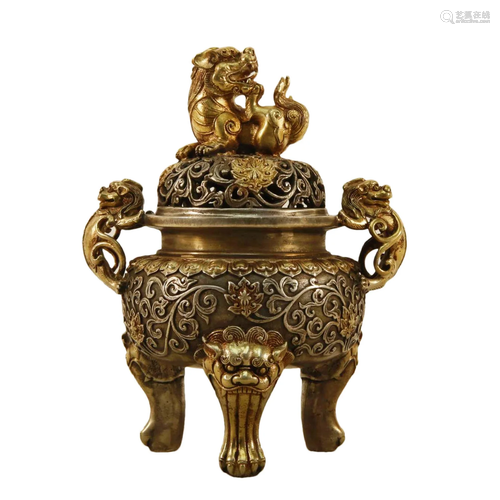 A Gilt-Bronze Silver 'Scrolling Lotus' Lion-Handle...