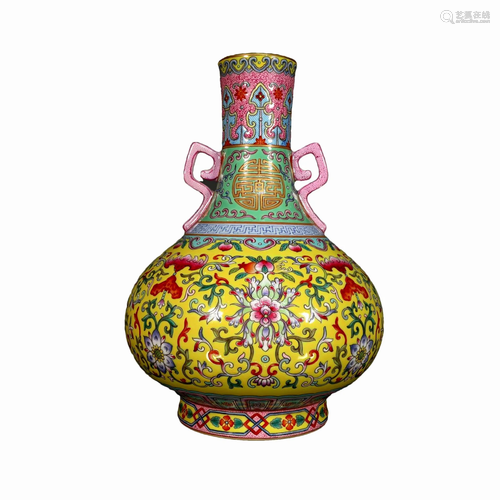 A Famille-Rose Yellow-Ground 'Flower' Vase