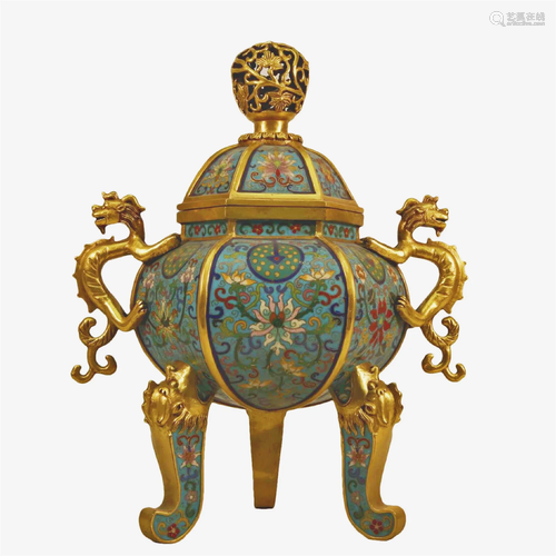 A Cloisonne 'Scrolling Lotus' Dragon-Handled Tripo...