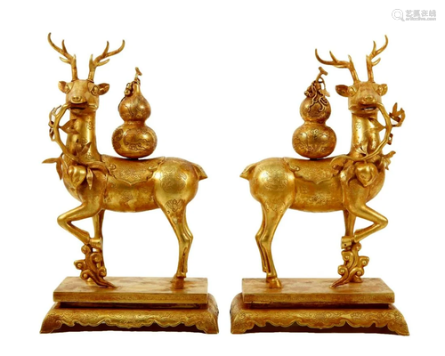 A Pair Of Gilt-Bronze Deers