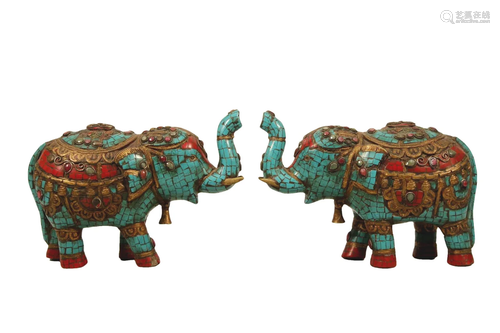 A Pair Of Gilt-Bronze Turquoise-Inlaid Elephants