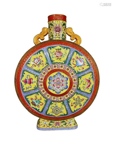 A Famille-Rose Yellow-Ground 'Flower' Vase