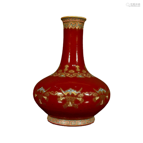 A Famille-Rose Sacrificial Red-Glazed 'Bat' Vase