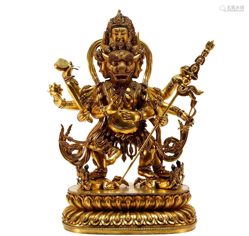 A superb gilt bronze yamantaka statue