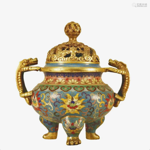 A Cloisonne 'Scrolling Lotus' Tripod Censer And Co...