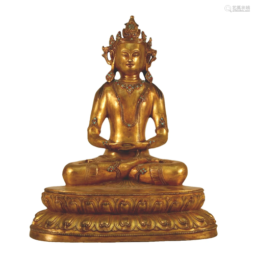 A Gilt-Bronze Gem-Inlaid Figure Of Amitayus