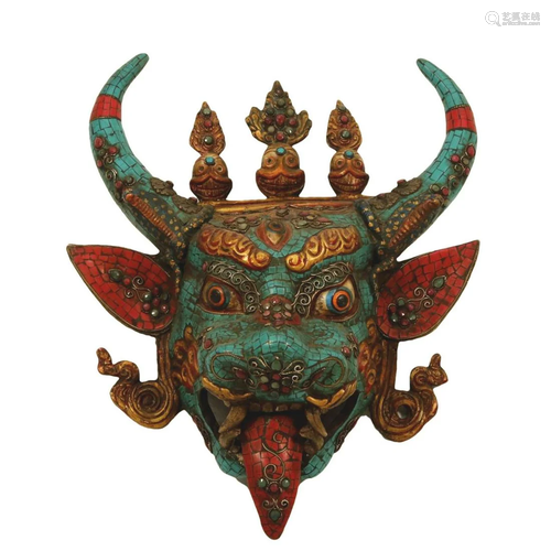 A Gilt-Bronze Turquoise-Inlaid Mask