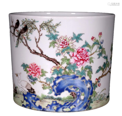 A Lovely Famille-rose Flower& Bird Brush Pot