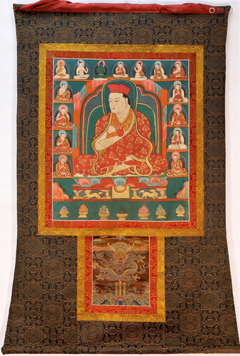 A meticulous Tibetan Dragon Pattern Buddha Thangka