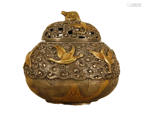 A Gilt-Bronze Silver 'Figure& Crane' Jar