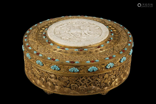 A Superb Circular Gilt-Bronze Hardstone-Embellished Box