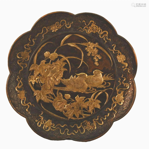 A Gilt-Bronze 'Flower& Mandarin Duck' Dish