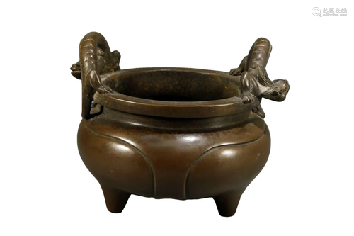 A Bronze Chilong-Handled Tripod Censer