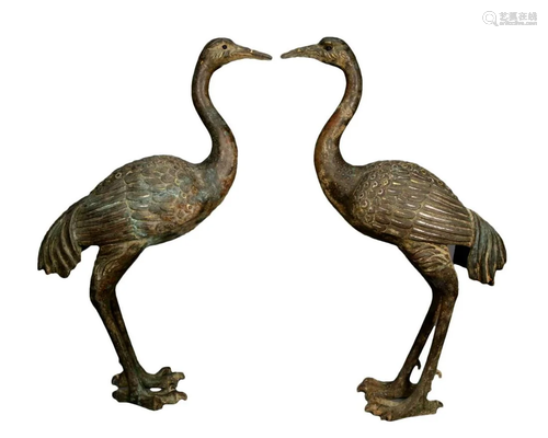 A Pair Of Bronze Gold& Silver-Inlaid Cranes