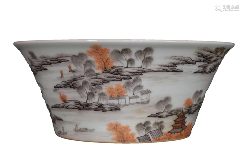 A Wonderful Famille Rose Landscape Bowl