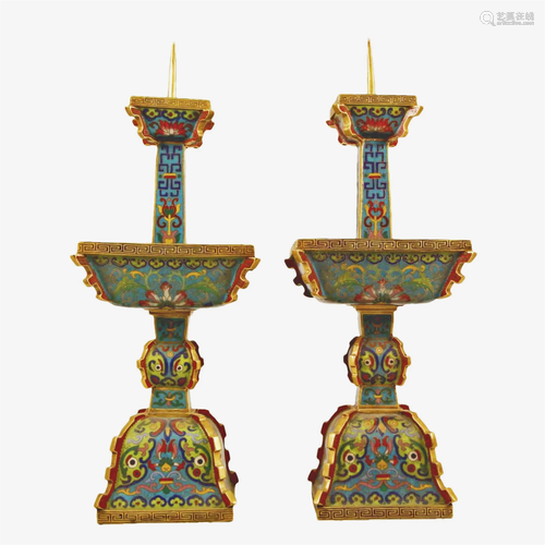 A Pair Of Cloisonne 'Animal Mask' Candlesticks