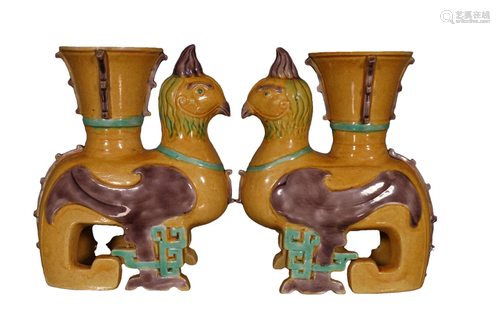 A Pair of Yellow-Glazed Plain Tricolour Phoenix-shaped Candl...