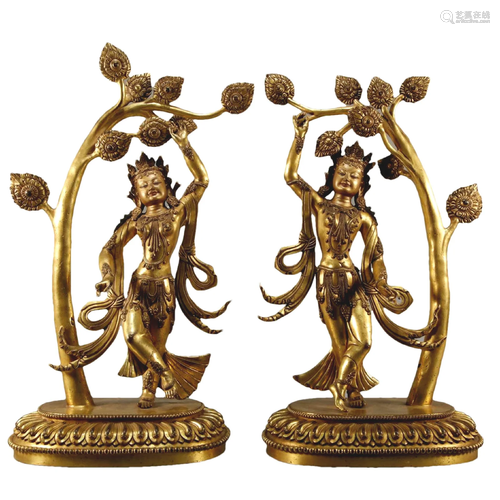 A Pair Of Gilt-Bronze Figures Of Bodhisattva