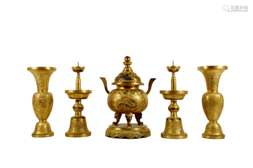 Five Gilt Bronze Buddhist Ceremonial Items