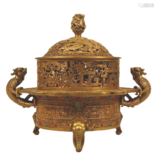 A Gilt-Bronze 'Dragon& Flower' Tripod Censer A...