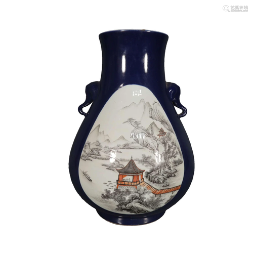 A Fine Blue-Glazed Landscape Elephant-Eared Vase