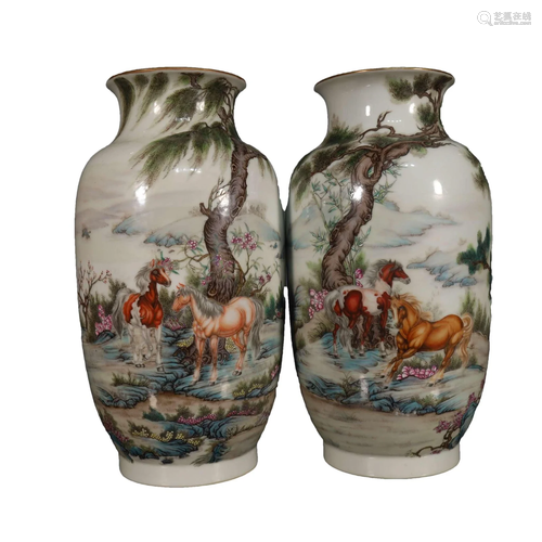 A Fine Pair of Famille Rose Horse Vases