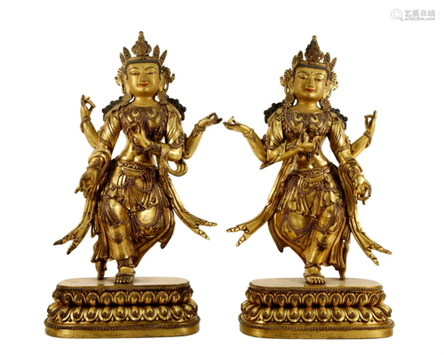 Two Gilt Bronze Buddhist Figures of Four-Armed Guanyin