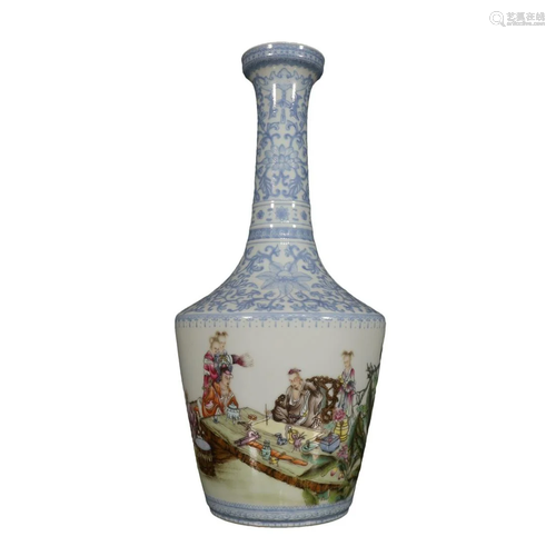 A Gorgeous Blue And White Famille Rose Character Vase