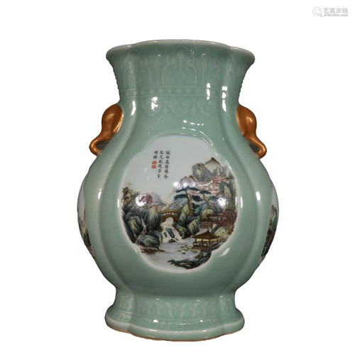 A Delicate Green-Glazed Landscape Landscape Vase