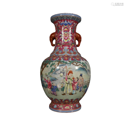 A Fine Famille Rose Character Double-Eared Vase