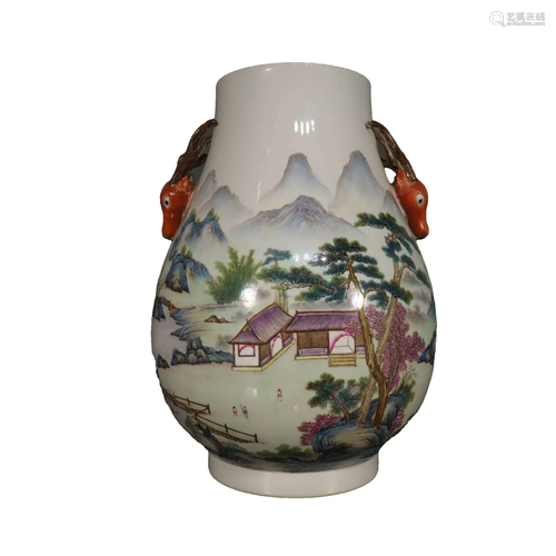 A Fine Famille Rose Landscape Beast-ear Bottle