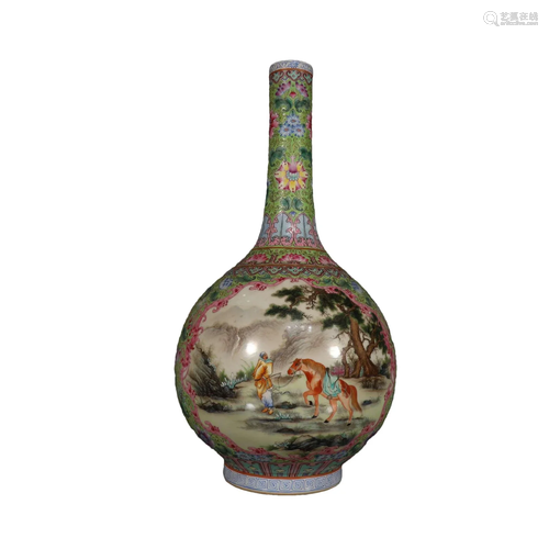 A Gorgeous Famille Rose Character Long-Neck Vase