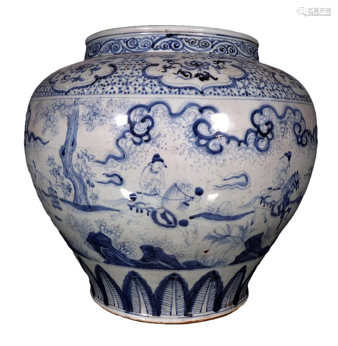 A Wonderful Blue And White Figure Pot