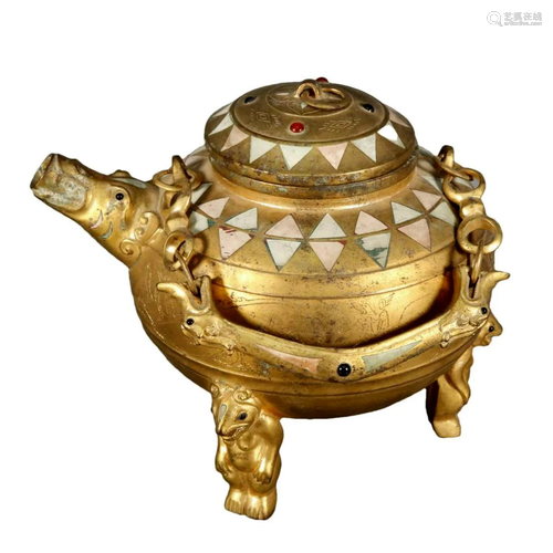 A Gilt-Bronze Gem-Inlaid 'Beast' Censer With Overh...