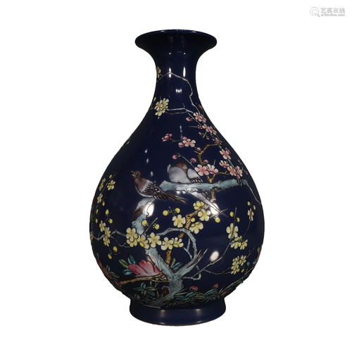 A Lovely Blue-ground Flower& Bird Vase