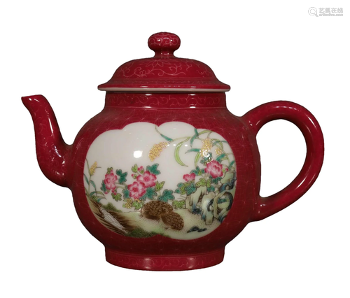 A Lovely Red-Ground Flower& Bird Kettle