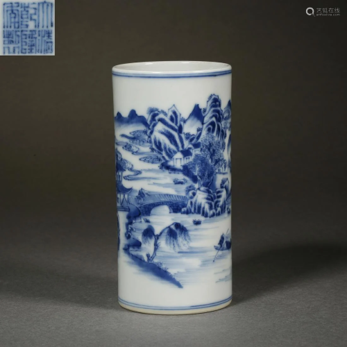 China Qing Dynasty blue and white porcelain landscape pen ho...